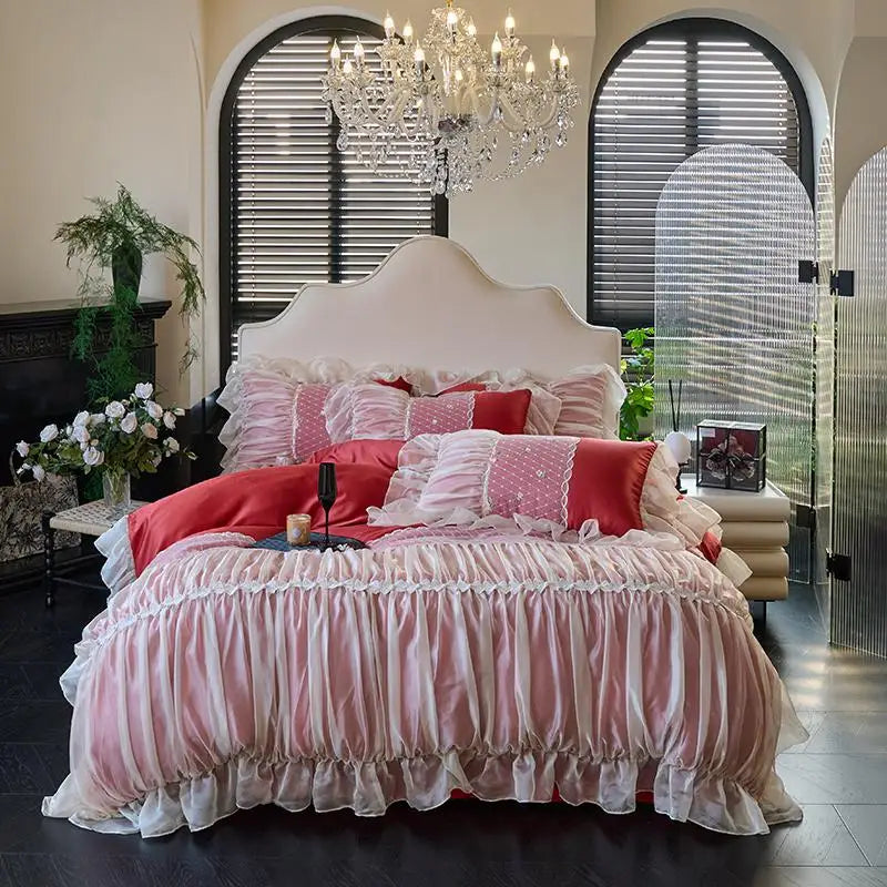 Princess Style Lace Ruffle Cotton Duvet Cover Bedding Set - Pink