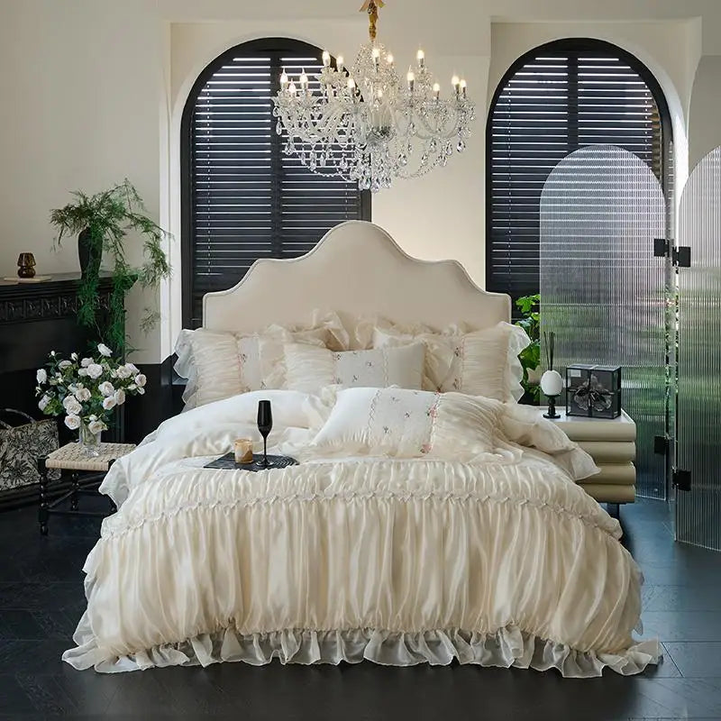 Princess Style Lace Ruffle Cotton Duvet Cover Bedding Set - White