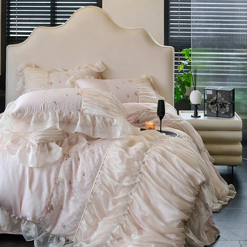 Princess Style Lace Ruffle Cotton Duvet Cover with Bed skirt and pillowcases