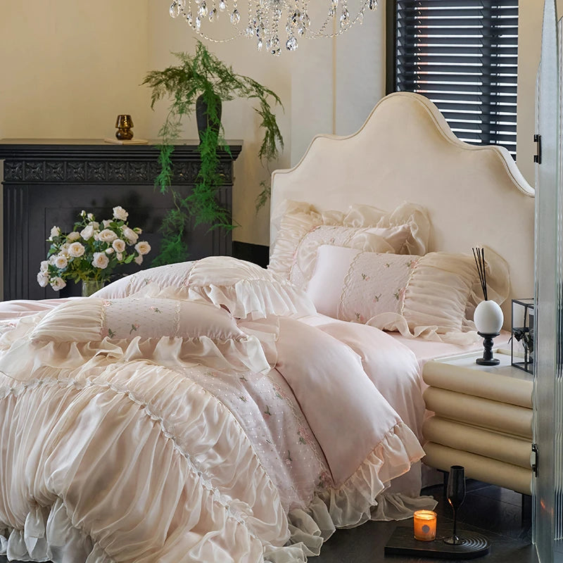 Princess Style Lace Ruffle Cotton with floral design Duvet Cover with Bed skirt and pillowcases