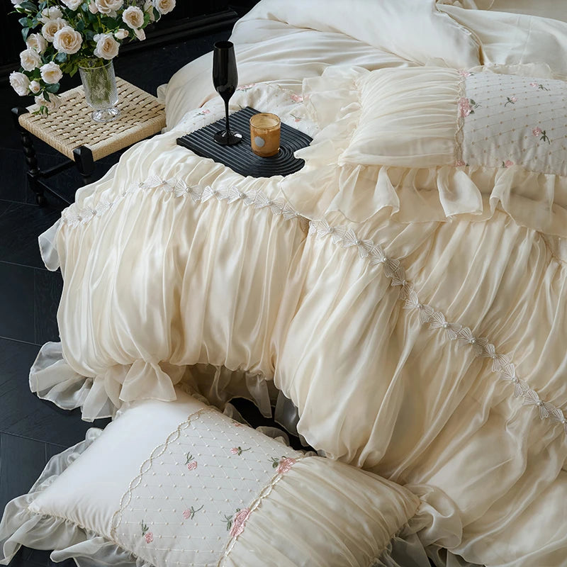Princess Style White Lace Ruffle Cotton Bedding Set with Bed skirt, Pillowcases and duvet cover