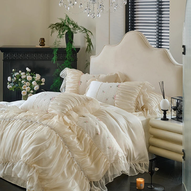 Princess Style White Lace Ruffle Cotton Pink floral Bedding Set