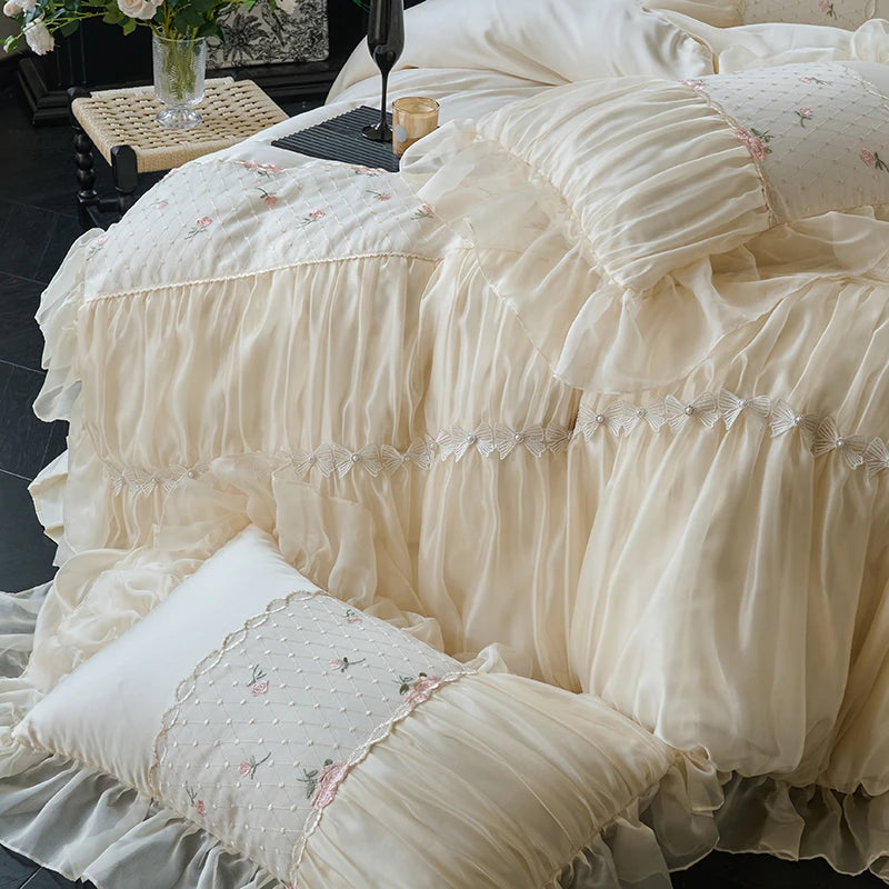 Princess Style White Lace Ruffle Cotton Pink little floral embroidered Bedding Set