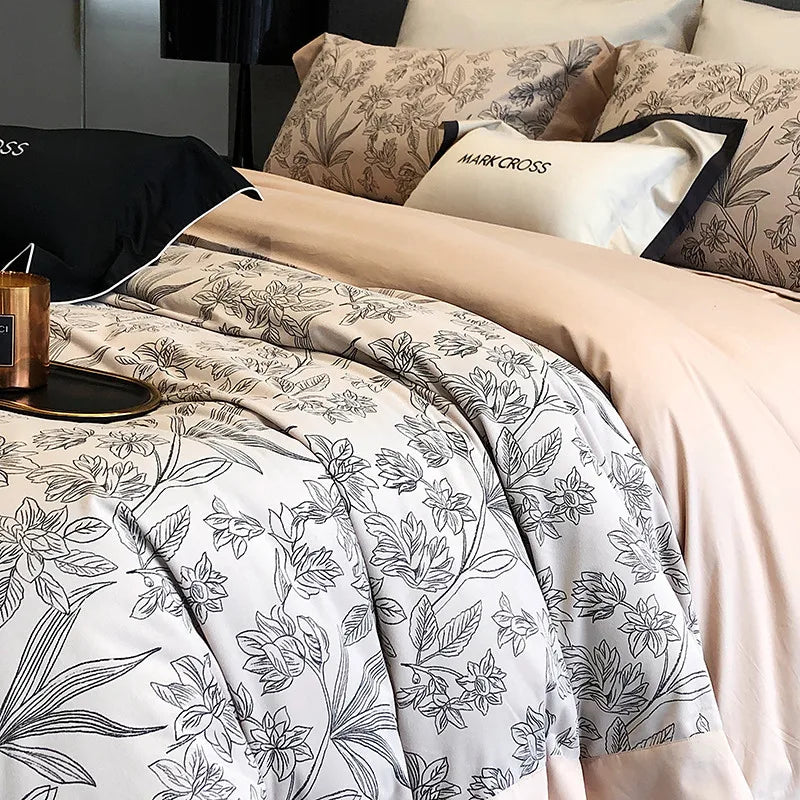 Queen and King size Luxury Ripple Velvet Fluffy Duvet Cover Bedding Set 4Pcs - Grey floral