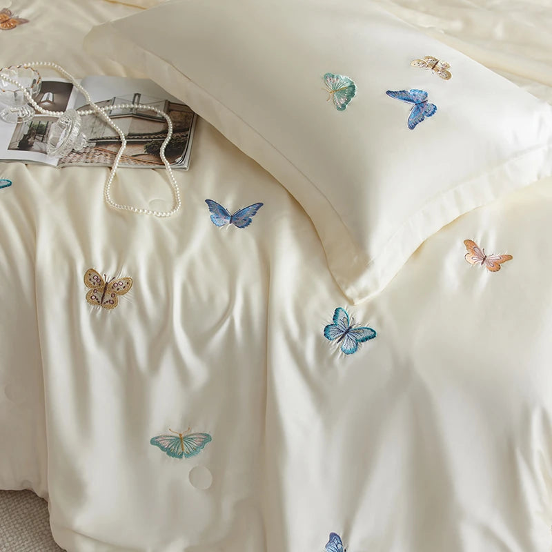 Queen  size 600TC Lyocell Cooling Butterfly Embroidery Bedding Set