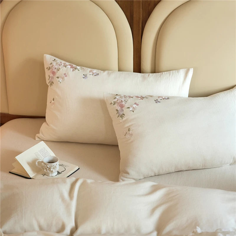 Queen size 600TC Natural Linen Cotton Blend Luxury Soft floral Embroidery Bedding Set