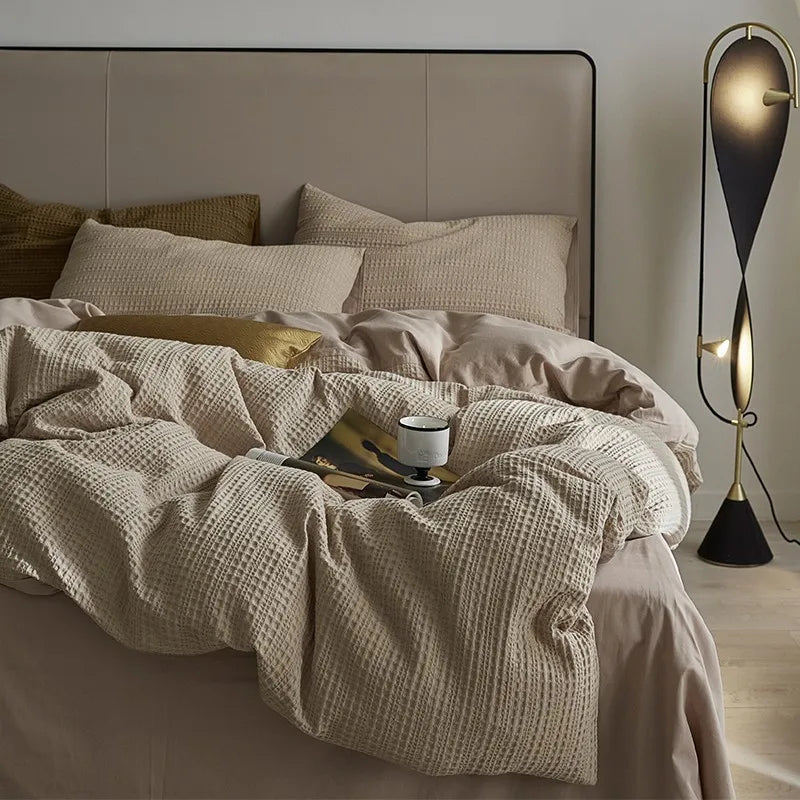 Queen size 600TC Washed Cotton Waffle Weave Duvet Cover Bedding Set