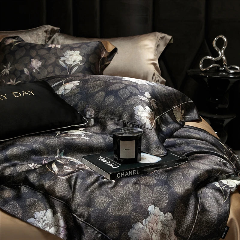 Queen size Black 600TC Silk-Lyocell Blend Digital Print Bedding Set