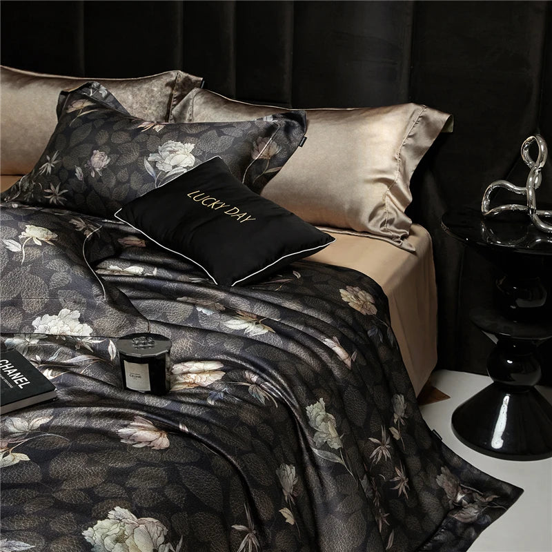 Queen size Black 600TC Silk-Lyocell Blend Digital Print Bedding Set includes duvet cover, sheets and pillowcases