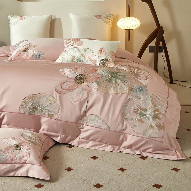 Queen size Floral Embroidered 600TC Cotton Duvet Cover Set - Pink