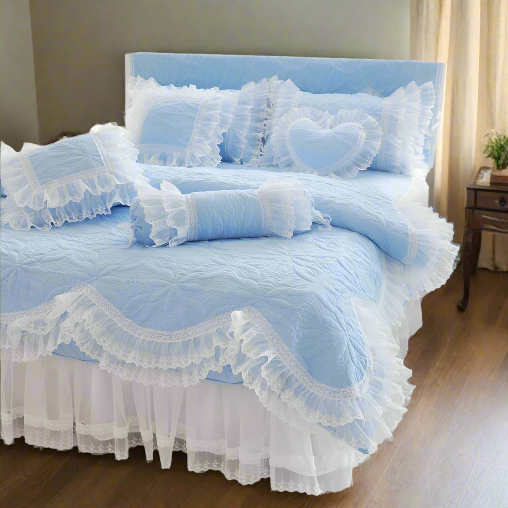 Quilt Lace Cotton Bedding Set King, Queen & Twin in Blue with duvet cover