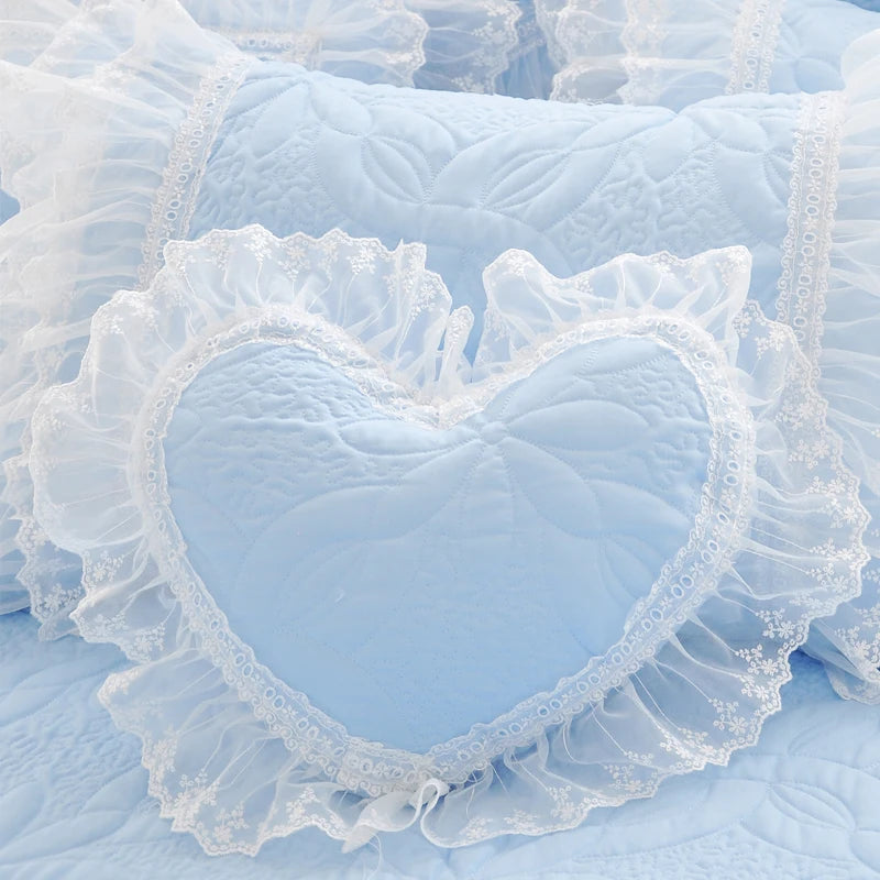 Quilt Lace Cotton Bedding Set King, Queen & Twin in Blue with duvet cover and pillow shams and frill lace