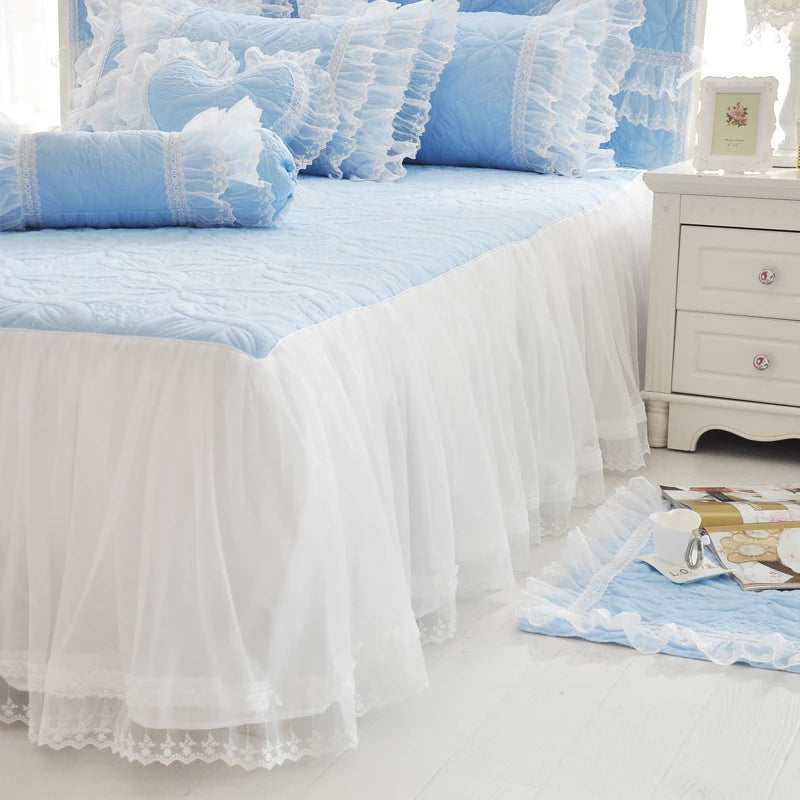Quilt Lace Cotton Bedding Set King, Queen & Twin in Blue with duvet cover and pillowcases