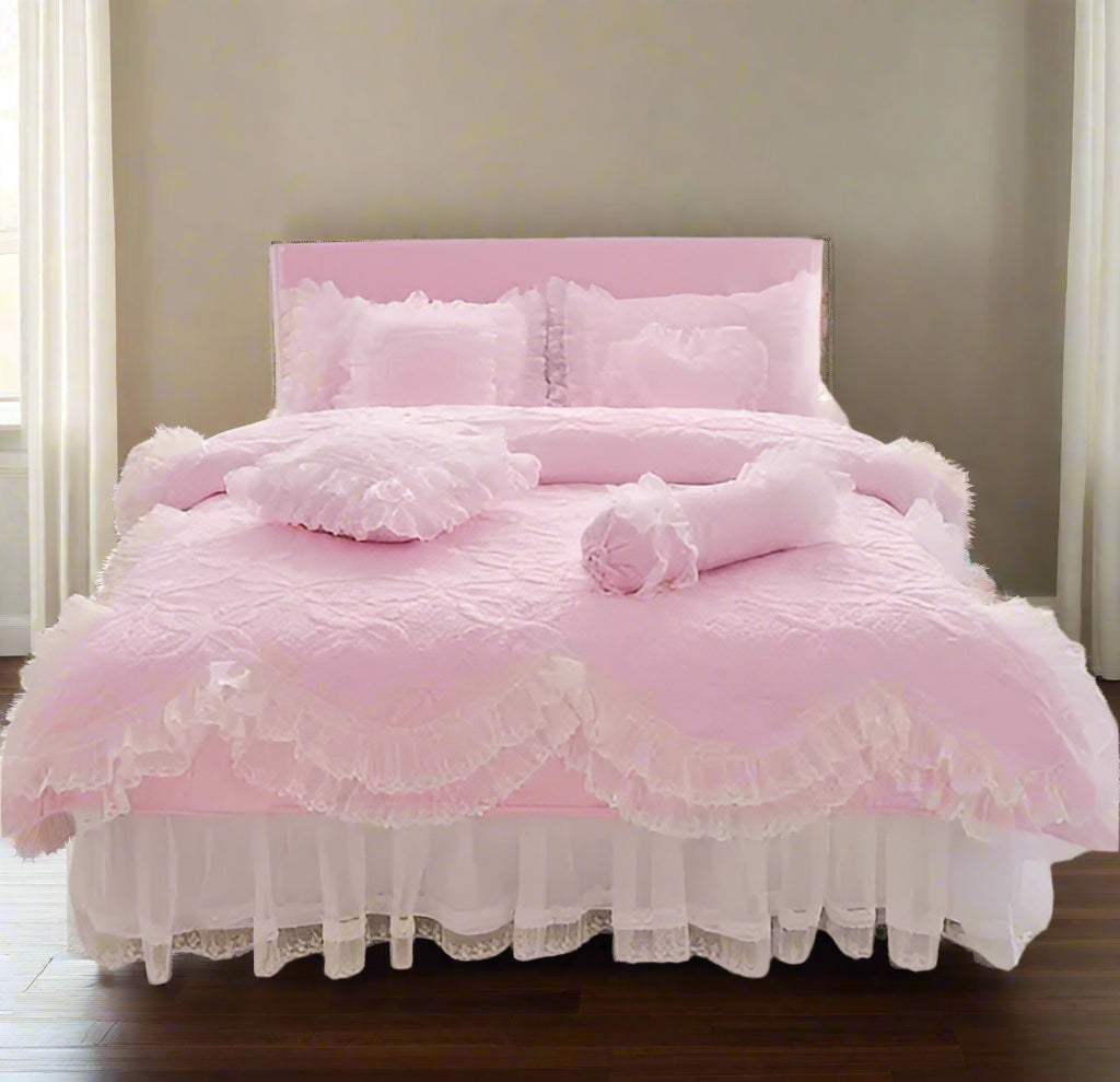 Quilt Lace Cotton Bedding Set King, Queen & Twin in Pink with pillow shams