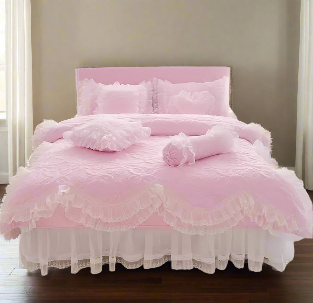 Quilt Lace Cotton Bedding Set King, Queen & Twin in Pink with pillow shams