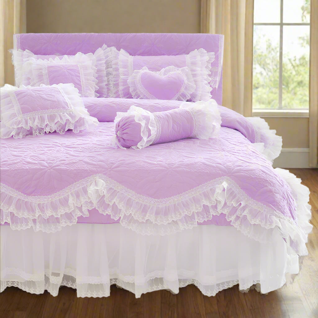 Quilt Lace Cotton Bedding Set King, Queen & Twin in Purple with duvet cover and pillowcases and frill lace