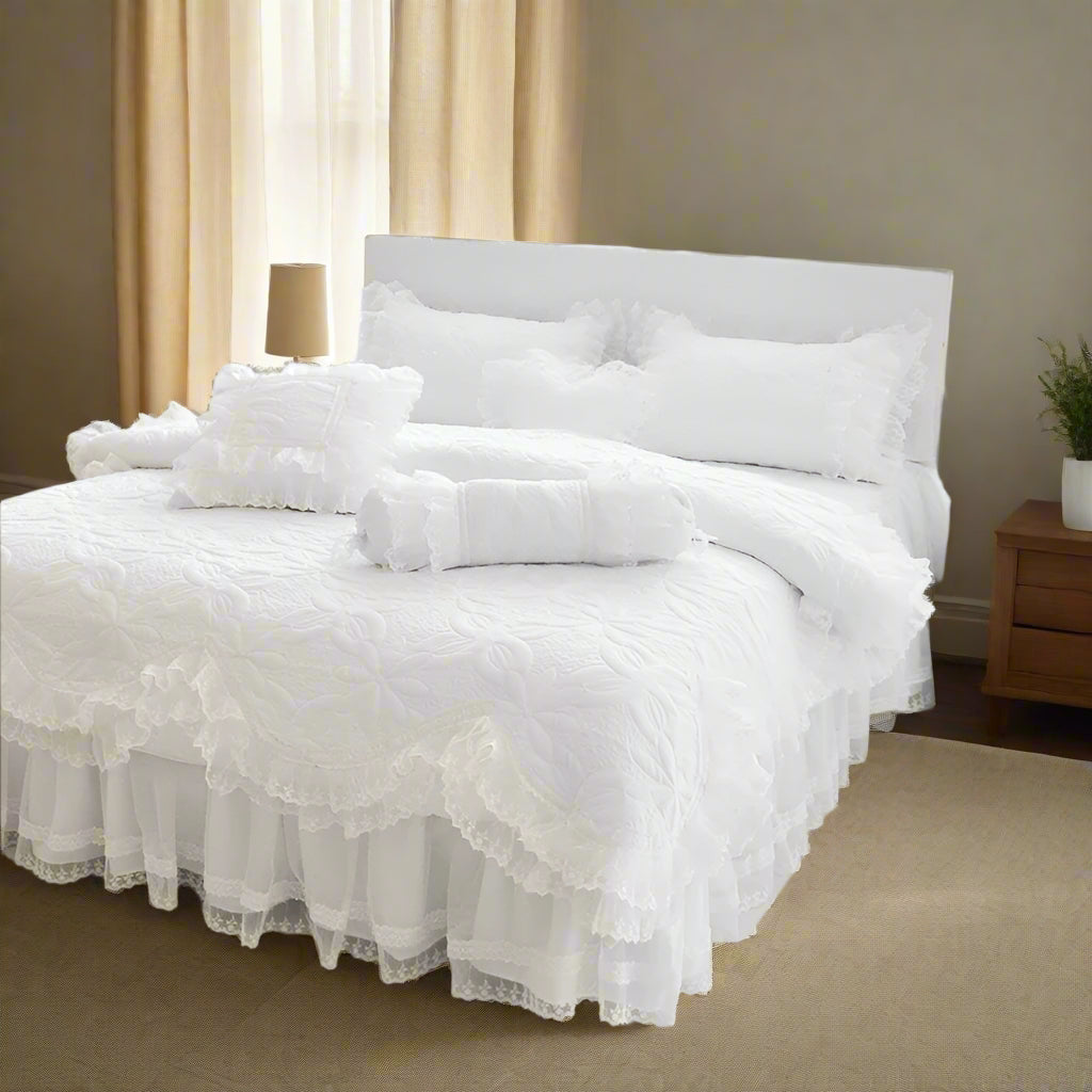 Quilt Lace Cotton Bedding Set King, Queen & Twin in White with duvet cover
