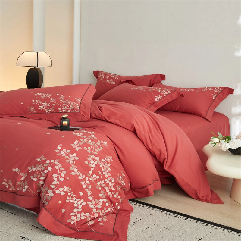 Red Double size Luxury 800TC Cotton Duvet Cover Set – Soft Brushed Bedding Set
