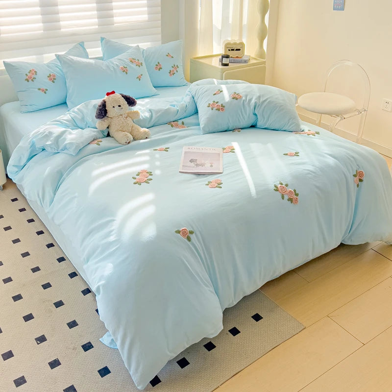 Floral Embroidered Soft Bedding Set with Duvet Cover The Happy Ladies
