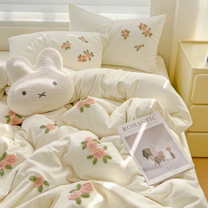 Floral Embroidered Soft Bedding Set with Duvet Cover The Happy Ladies