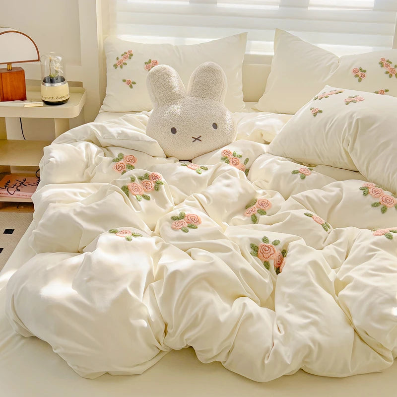Floral Embroidered Soft Bedding Set with Duvet Cover The Happy Ladies