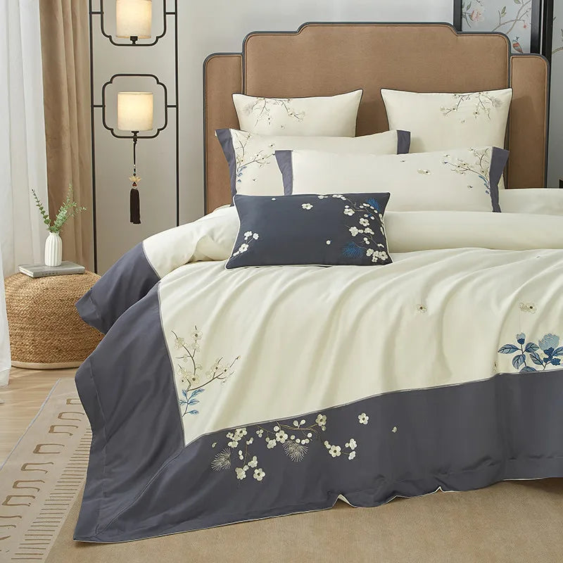 Parure de lit en coton égyptien THL1132 avec housse de couette et broderie classique orientale et patchwork