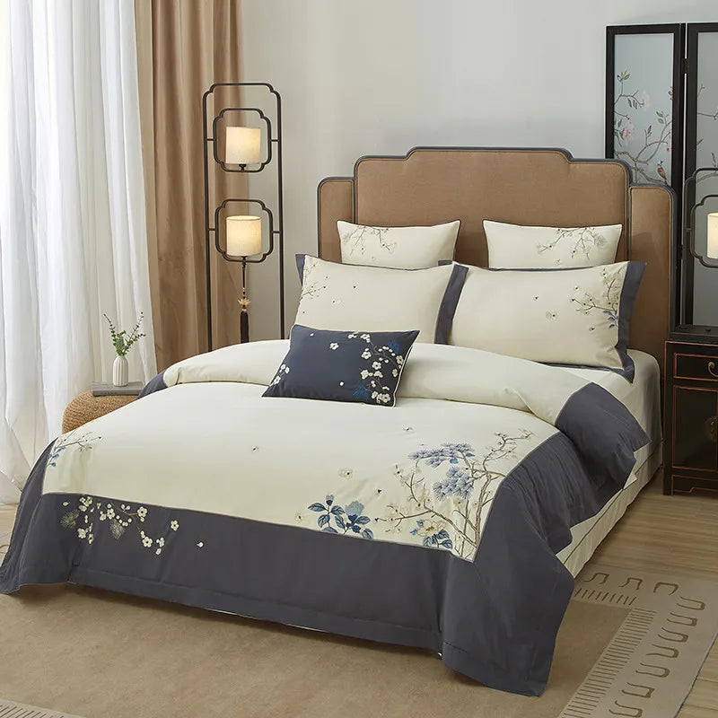 Parure de lit en coton égyptien THL1132 avec housse de couette et broderie classique orientale et patchwork