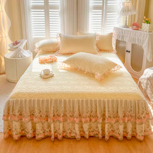 THL1167 Elegant Embroidery Lace Floral Ruffled Bed Skirt (B)