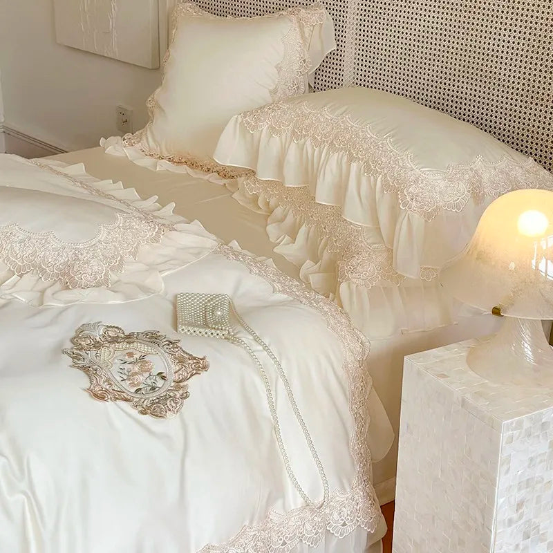 THL1139 Juego de cama suave con volantes de encaje, 100 % algodón, estilo vintage francés