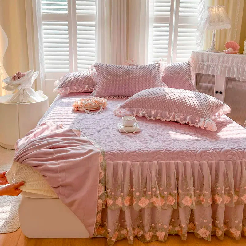 THL1167 Elegant Embroidery Lace Floral Ruffled Bed Skirt (A)