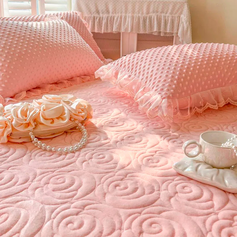 400TC Lace Embroidery Ruffled Bed Skirt Set - Pink