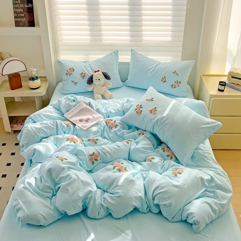Floral Embroidered Soft Bedding Set with Duvet Cover The Happy Ladies