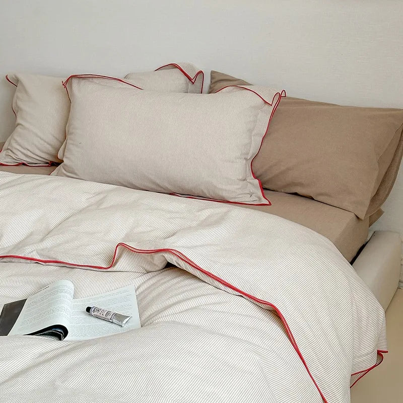 400TC Washed Cotton Pinstripe Duvet Cover Bedding Set 4Pcs - Beige