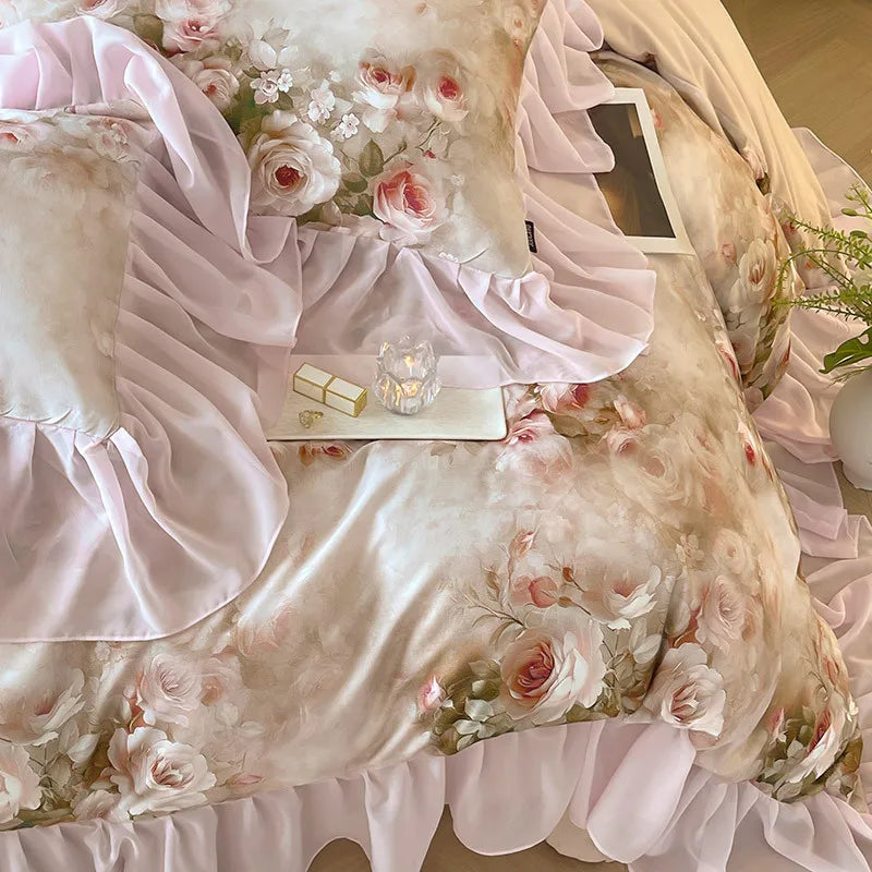 French Romantic 600TC Cotton Floral Bedding Set - Pink