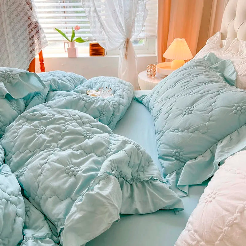THL1032 Pleated Textured Duvet Cover set 100%Washed Cotton Pintuck White Comforter (C)