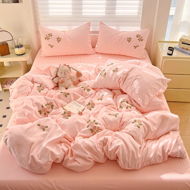 Floral Embroidered Soft Bedding Set with Duvet Cover The Happy Ladies