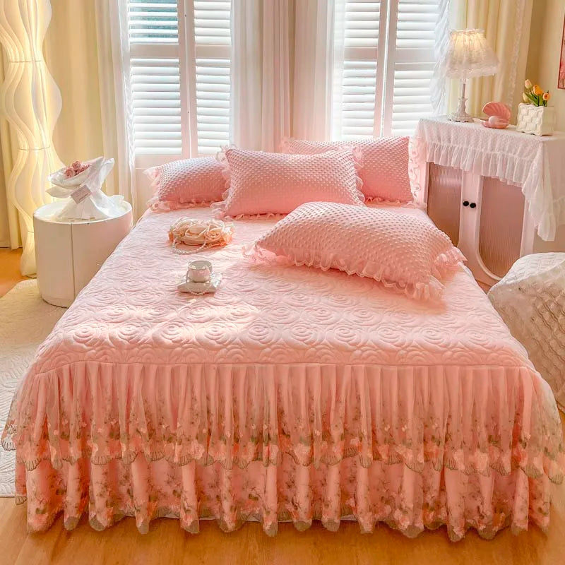 400TC Lace Embroidery Ruffled Bed Skirt Set - Pink