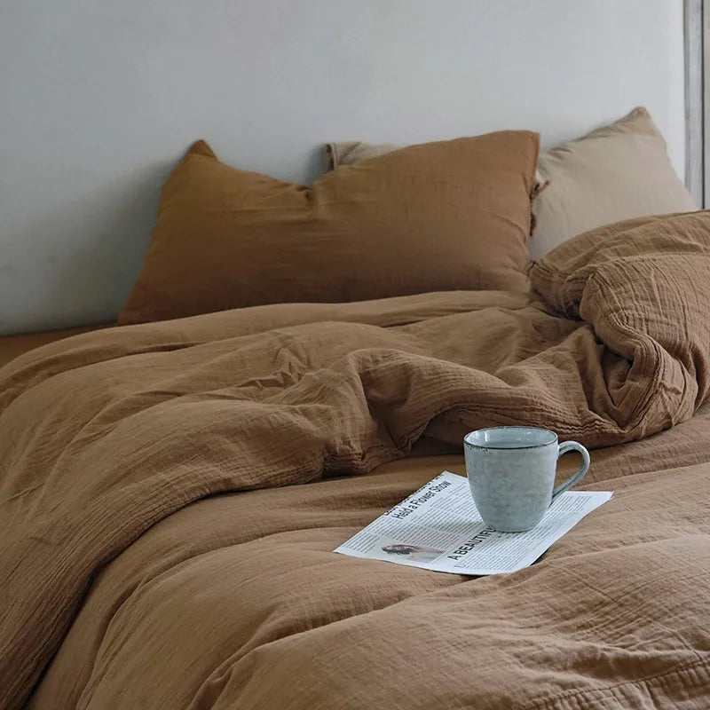 Light Brown 600TC Cotton Twill Wrinkled Yarn Bedding Set