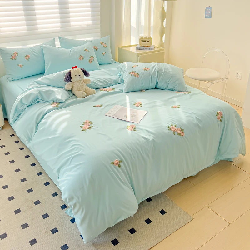 Floral Embroidered Soft Bedding Set with Duvet Cover The Happy Ladies
