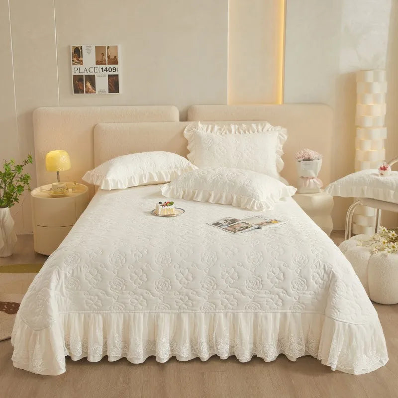 THL1078 Floral Embossed Lace Coverlet Bedspread Solid Bedding Set (A)
