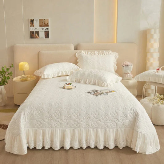 Parure de lit unie avec couvre-lit en dentelle à motif floral en relief THL1078