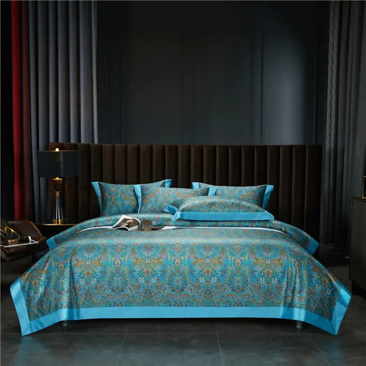 THL1042 Juego de funda nórdica estilo bohemio vintage, ropa de cama suave de algodón egipcio de lujo con sábanas elegantes