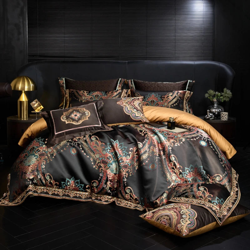 800TC Royal Black Jacquard Embroidered Bedding Set
