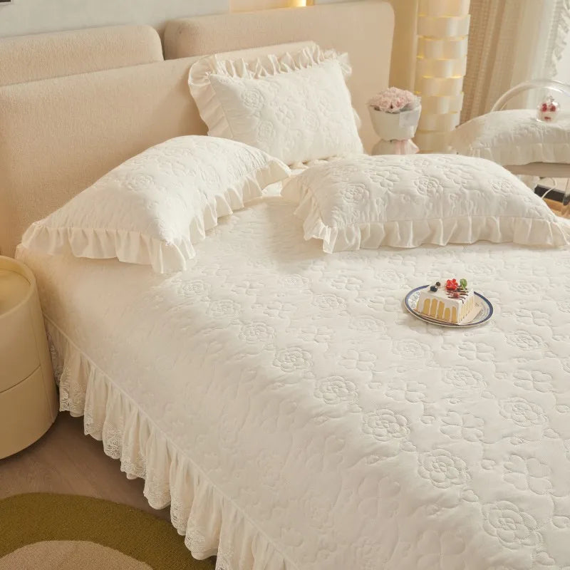 THL1078 Floral Embossed Lace Coverlet Bedspread Solid Bedding Set (A)