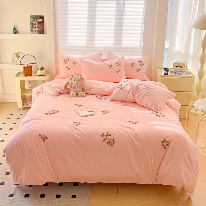 Floral Embroidered Soft Bedding Set with Duvet Cover The Happy Ladies