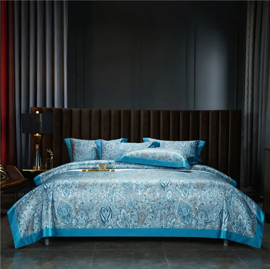 THL1042 Juego de funda nórdica estilo bohemio vintage, ropa de cama suave de algodón egipcio de lujo con sábanas elegantes
