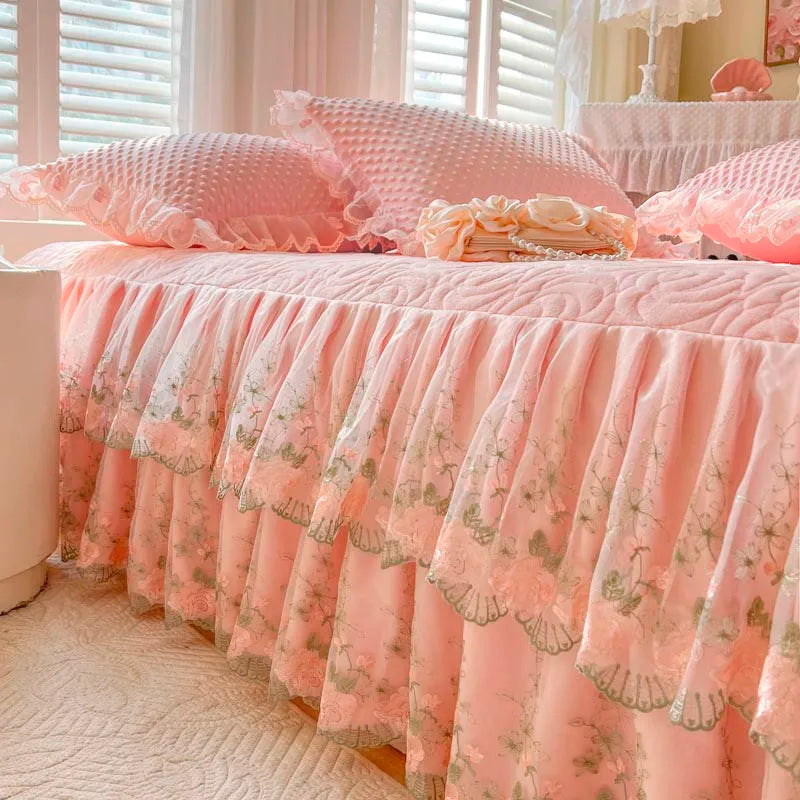 400TC Lace Embroidery Ruffled Bed Skirt Set - Pink