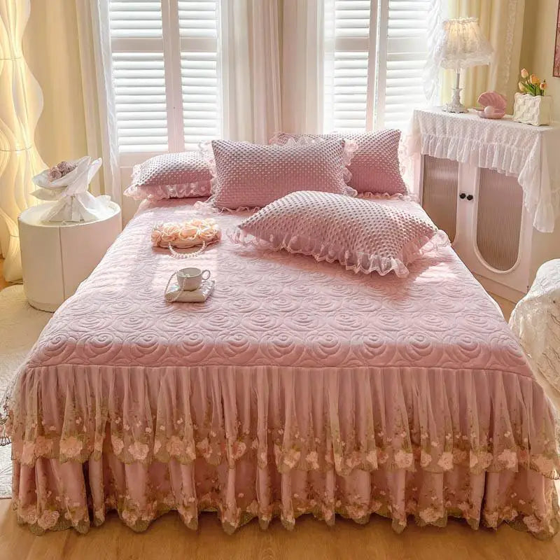 THL1167 Elegant Embroidery Lace Floral Ruffled Bed Skirt (A)