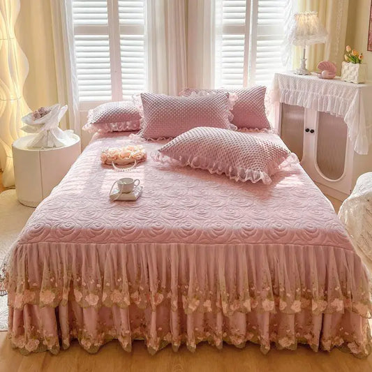 THL1167 Elegant Embroidery Lace Floral Ruffled Bed Skirt (A)