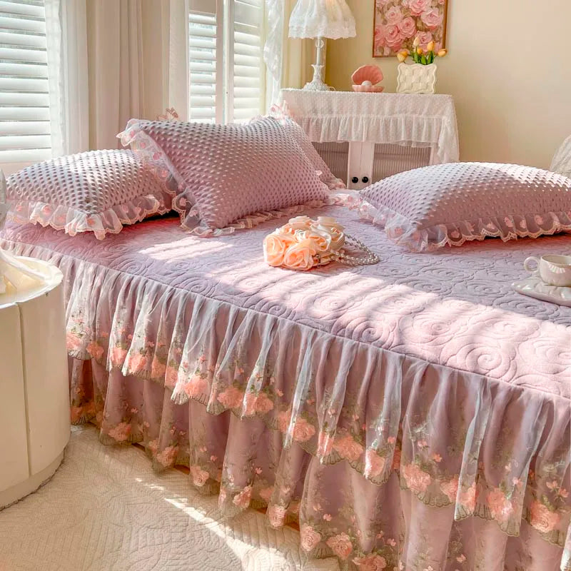 THL1167 Elegant Embroidery Lace Floral Ruffled Bed Skirt (A)